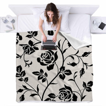 Vintage Wallpaper With Blooming Roses And Leaves Floralm Seamless Pattern Decorative Branch Of Flowers Black Silhouette On White Background Blankets 123416656