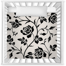 Vintage Wallpaper With Blooming Roses And Leaves Floralm Seamless Pattern Decorative Branch Of Flowers Black Silhouette On White Background Nursery Decor 123416656