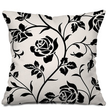 Vintage Wallpaper With Blooming Roses And Leaves Floralm Seamless Pattern Decorative Branch Of Flowers Black Silhouette On White Background Pillows 123416656