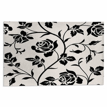 Vintage Wallpaper With Blooming Roses And Leaves Floralm Seamless Pattern Decorative Branch Of Flowers Black Silhouette On White Background Rugs 123416656
