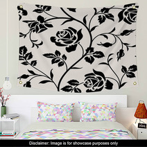 Vintage Wallpaper With Blooming Roses And Leaves Floralm Seamless Pattern Decorative Branch Of Flowers Black Silhouette On White Background Wall Art 123416656