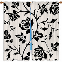 Vintage Wallpaper With Blooming Roses And Leaves Floralm Seamless Pattern Decorative Branch Of Flowers Black Silhouette On White Background Window Curtains 123416656