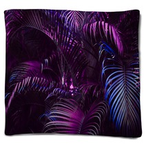 Vivid Purple Palm Leaves Pattern Blue Gradient Colored Filter Creative Layout Toned Horizontal Blankets 198799595