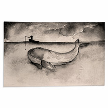 Watercolor Hand Drawn Illustration Of Fisherman With A Big Whale Fish In The Deep Ocean Blue An Idea For Business Concept For Success Or Finding The Big Target In The Market Rugs 188774535