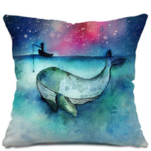 Watercolor Hand Drawn Illustration Of Fisherman With A Big Whale Fish In The Deep Ocean Blue Idea For Business Concept For Success Or Finding The Big Target In The Market Pillows 192934201