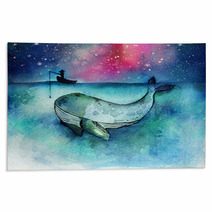 Watercolor Hand Drawn Illustration Of Fisherman With A Big Whale Fish In The Deep Ocean Blue Idea For Business Concept For Success Or Finding The Big Target In The Market Rugs 192934201