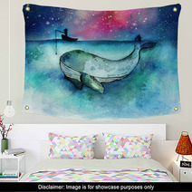 Watercolor Hand Drawn Illustration Of Fisherman With A Big Whale Fish In The Deep Ocean Blue Idea For Business Concept For Success Or Finding The Big Target In The Market Wall Art 192934201