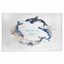 Watercolor Handpainted Pre Made Template Card With Text Wreath On White Background With Blue Whale Fin Whale And Sperm Whale Beautiful Illustration Perfect For Your Project Template Card Invitations Rugs 120833298