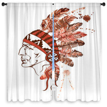 Watercolor Native American Indian Chief Window Curtains 72038410