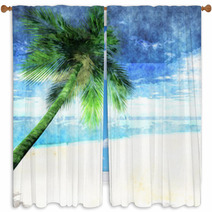 Watercolor Palm Tree On Beach Window Curtains 103214346