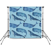 Watercolor Seamless Pattern With Whale On Blue Background Backdrops 158575418