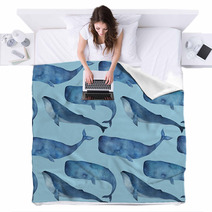 Watercolor Seamless Pattern With Whale On Blue Background Blankets 158575418