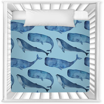 Watercolor Seamless Pattern With Whale On Blue Background Nursery Decor 158575418