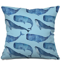 Watercolor Seamless Pattern With Whale On Blue Background Pillows 158575418