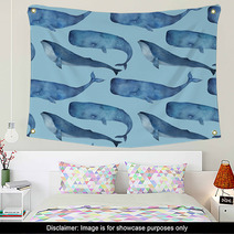 Watercolor Seamless Pattern With Whale On Blue Background Wall Art 158575418