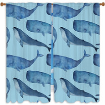 Watercolor Seamless Pattern With Whale On Blue Background Window Curtains 158575418