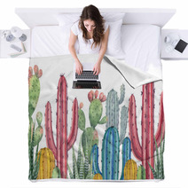 Watercolor Vector Banner Of Cacti And Succulent Plants Isolated On White Background Blankets 192267104
