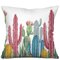 Watercolor Vector Banner Of Cacti And Succulent Plants Isolated On White Background Pillows 192267104