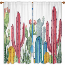 Watercolor Vector Banner Of Cacti And Succulent Plants Isolated On White Background Window Curtains 192267104