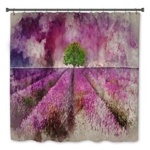 Watercolour Painting Of Stunning Lavender Field Landscape Summer Sunset With Single Tree On Horizon Bath Decor 253554320