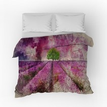 Watercolour Painting Of Stunning Lavender Field Landscape Summer Sunset With Single Tree On Horizon Bedding 253554320