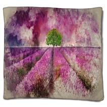 Watercolour Painting Of Stunning Lavender Field Landscape Summer Sunset With Single Tree On Horizon Blankets 253554320