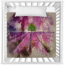 Watercolour Painting Of Stunning Lavender Field Landscape Summer Sunset With Single Tree On Horizon Nursery Decor 253554320