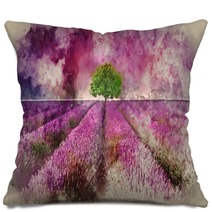 Watercolour Painting Of Stunning Lavender Field Landscape Summer Sunset With Single Tree On Horizon Pillows 253554320