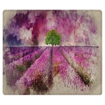 Watercolour Painting Of Stunning Lavender Field Landscape Summer Sunset With Single Tree On Horizon Rugs 253554320