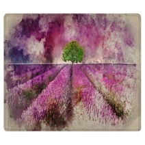 Watercolour Painting Of Stunning Lavender Field Landscape Summer Sunset With Single Tree On Horizon Rugs 253554320