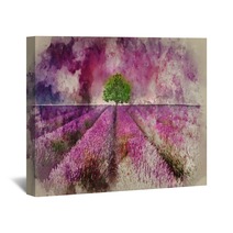 Watercolour Painting Of Stunning Lavender Field Landscape Summer Sunset With Single Tree On Horizon Wall Art 253554320