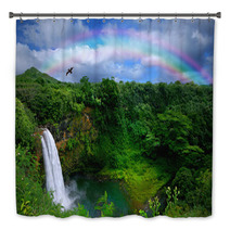 Waterfall In Kauai With Rainbow And Bird Overhead Bath Decor 10075690