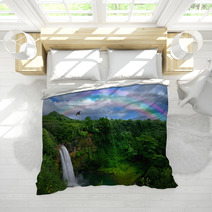 Waterfall In Kauai With Rainbow And Bird Overhead Bedding 10075690