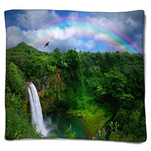 Waterfall In Kauai With Rainbow And Bird Overhead Blankets 10075690