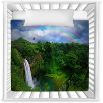 Waterfall In Kauai With Rainbow And Bird Overhead Nursery Decor 10075690