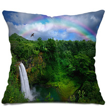 Waterfall In Kauai With Rainbow And Bird Overhead Pillows 10075690