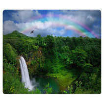Waterfall In Kauai With Rainbow And Bird Overhead Rugs 10075690