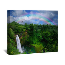 Waterfall In Kauai With Rainbow And Bird Overhead Wall Art 10075690