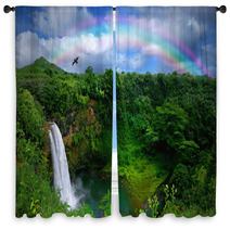 Waterfall In Kauai With Rainbow And Bird Overhead Window Curtains 10075690