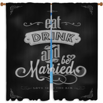 Wedding Typographic Invitation On Blackboard With Chalk Window Curtains 51569989
