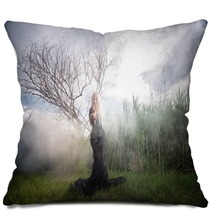Weird Female Figure Beckoning Someone From The Morning Mist Pillows 54042248