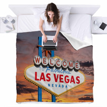 Welcome To Las Vegas Sign With Sunset Sky Blankets 53421662