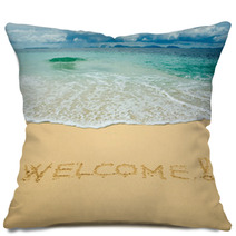 Welcome Written In A Sandy Tropical Beach Pillows 6653478