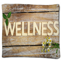 Wellness Written With Wooden Letters, Chamomile Flowers On Wood Blankets 72887337