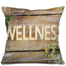 Wellness Written With Wooden Letters, Chamomile Flowers On Wood Pillows 72887337