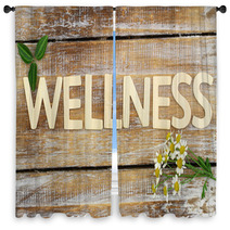 Wellness Written With Wooden Letters, Chamomile Flowers On Wood Window Curtains 72887337