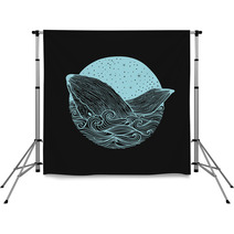 Whale Jumping Out Of The Waves On A Night Starry Sky And Curl Waves Background With Doodle Zentangle Elements Design For Clothing Print Cards Invitations Printing Cover Isolated On White Background Backdrops 127830059