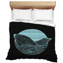 Whale Jumping Out Of The Waves On A Night Starry Sky And Curl Waves Background With Doodle Zentangle Elements Design For Clothing Print Cards Invitations Printing Cover Isolated On White Background Bedding 127830059