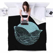 Whale Jumping Out Of The Waves On A Night Starry Sky And Curl Waves Background With Doodle Zentangle Elements Design For Clothing Print Cards Invitations Printing Cover Isolated On White Background Blankets 127830059
