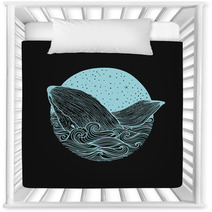 Whale Jumping Out Of The Waves On A Night Starry Sky And Curl Waves Background With Doodle Zentangle Elements Design For Clothing Print Cards Invitations Printing Cover Isolated On White Background Nursery Decor 127830059